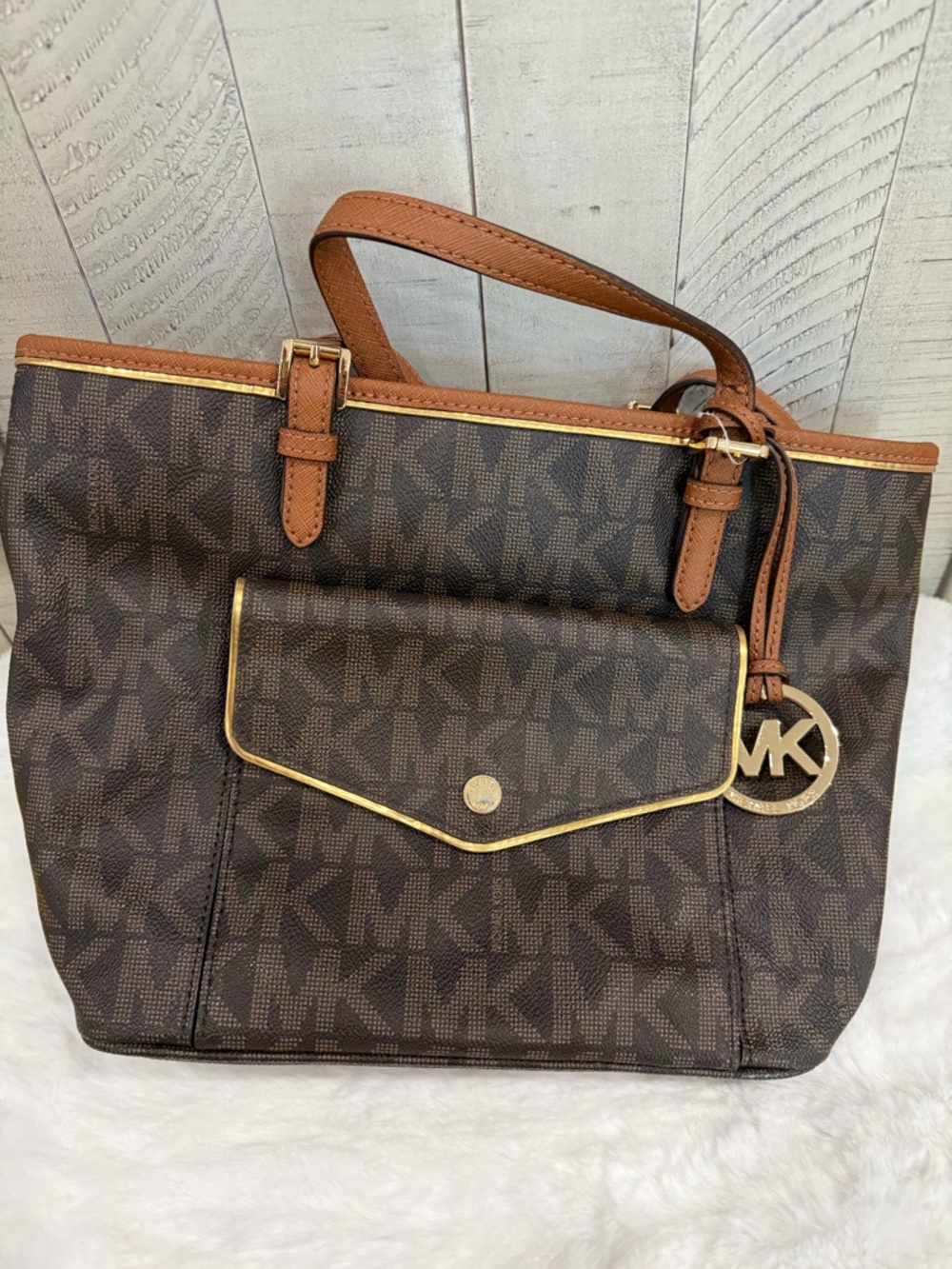 Michael Kors Dark Brown MK Logo Tote with Gold Trim